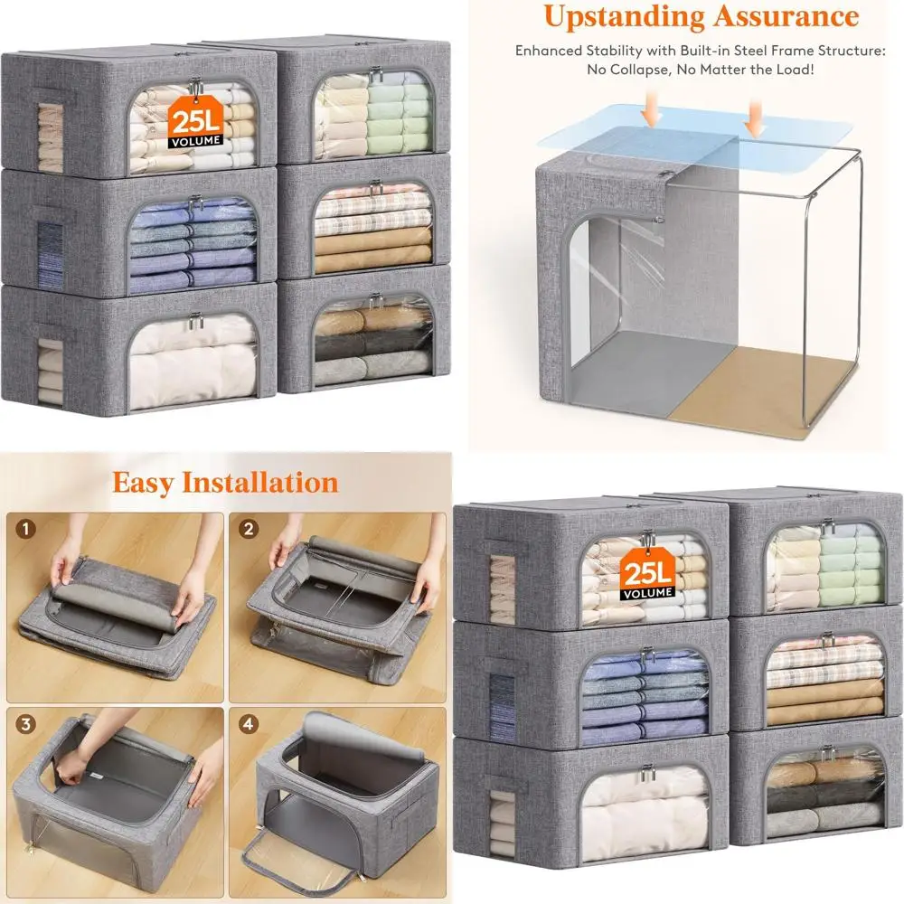 

Штабелируемые тканевые контейнеры для хранения с металлическим каркасом и крышками, складные органайзеры объемом 25 л, 6 шт. в упаковке с прозрачными окнами и застежками-молнией