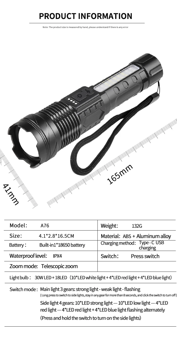 USB充電式LED懐中電灯,30W,白,赤,青,警告サイドランプ,ズーム,トーチ,パワーディスプレイ,ペンクリップ,長いランタン