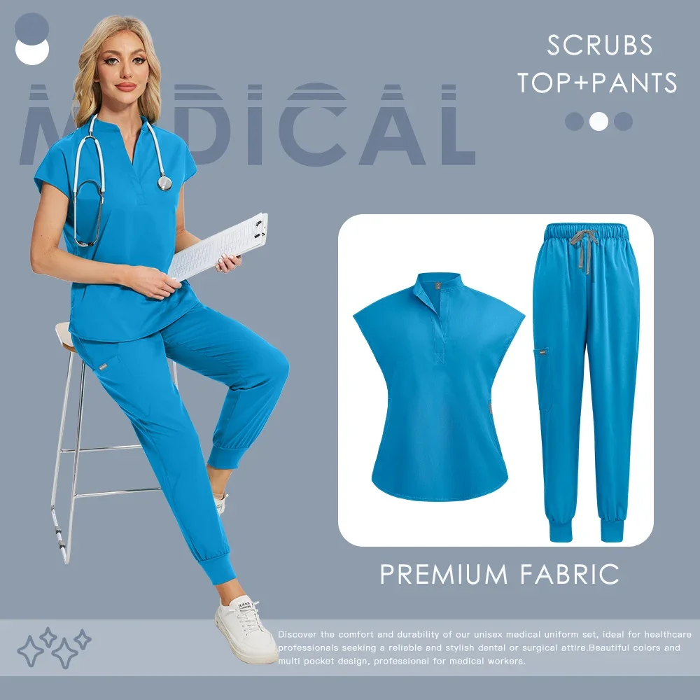 새로운 의료 스크럽 유니폼 Medicos 스크럽 탑 바지 주머니 애완 동물 치과 의사 간호사 작업복 여성 미용 마취과 수의사 정장