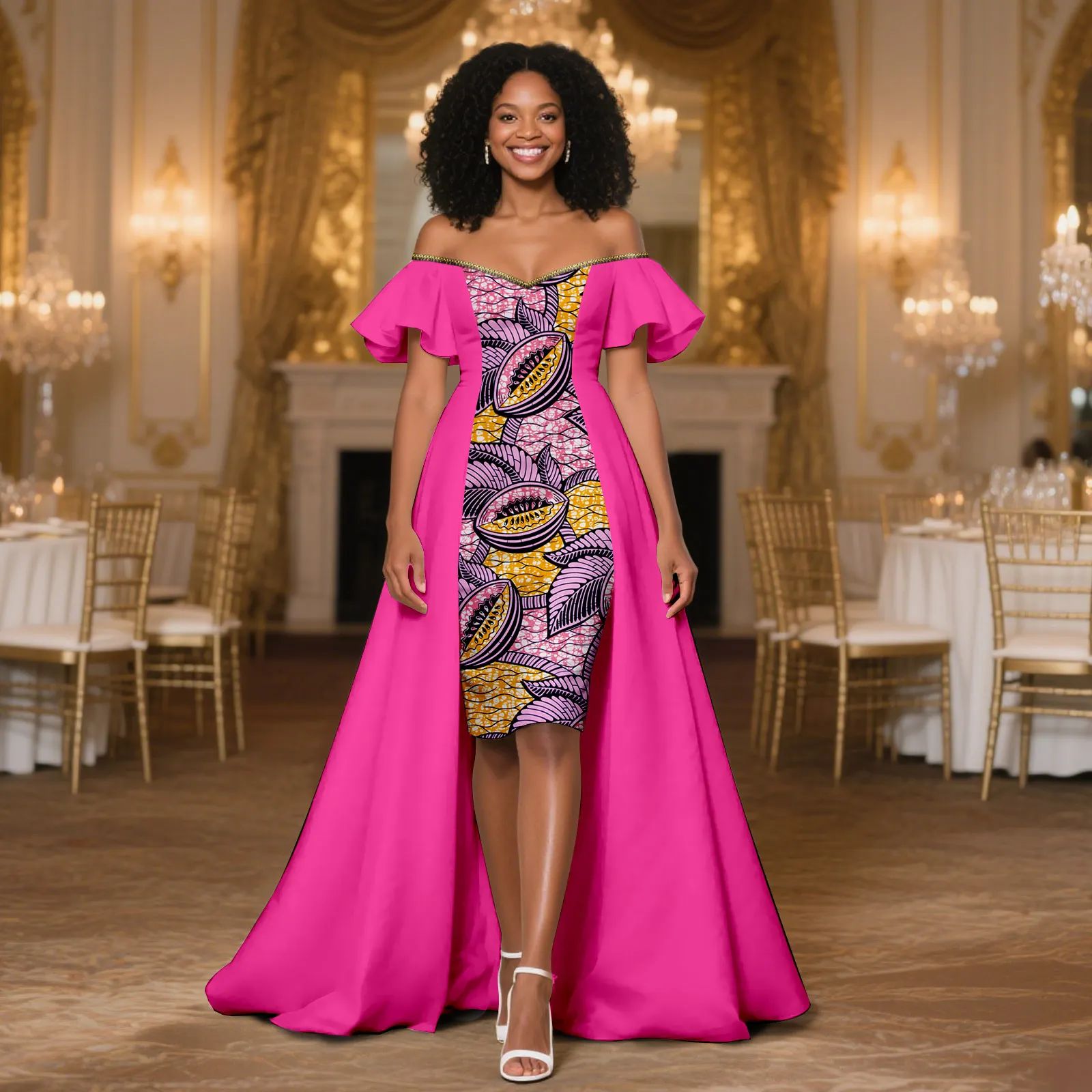 

African Ankara Printed Fabric Women's Dress with Ruffled Sleeves and Long Skirt Sexy Dress 2525095