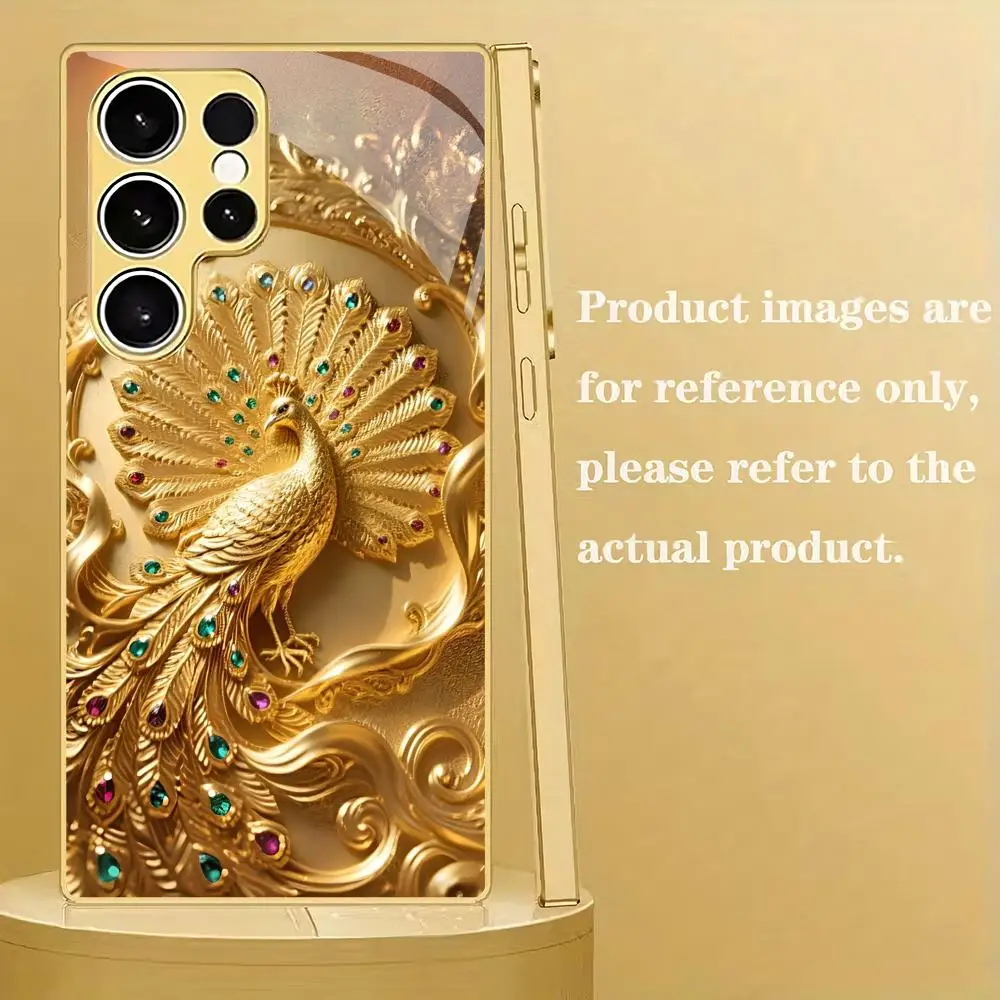Golden Peacock Metallic Glass Phone Case Suitable for Samsung Galaxy S26 S25 S24 S22 S21 S20 FE/Ultra/Plus Anti Drop Rear Cover