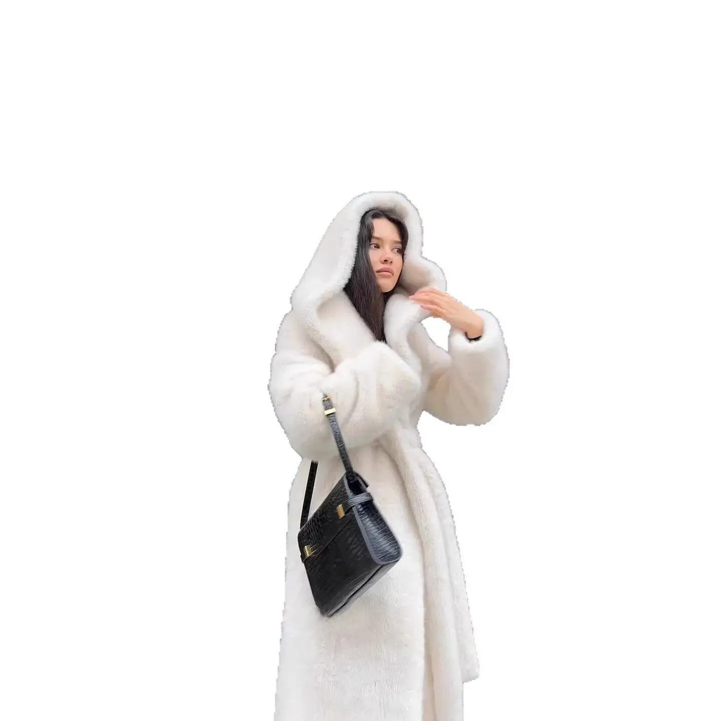 Eco-Friendly Long Hooded Women's Faux Fur Coat Autumn Winter Water Vole Velvet Jacket Warm Soft Stylish European Style