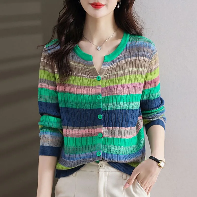 

Striped Knitted Cardigan for Women Spring Autumn 2024 New Fashion Color Matching Long Sleeve Top Loose Hollow Sweater Outwear