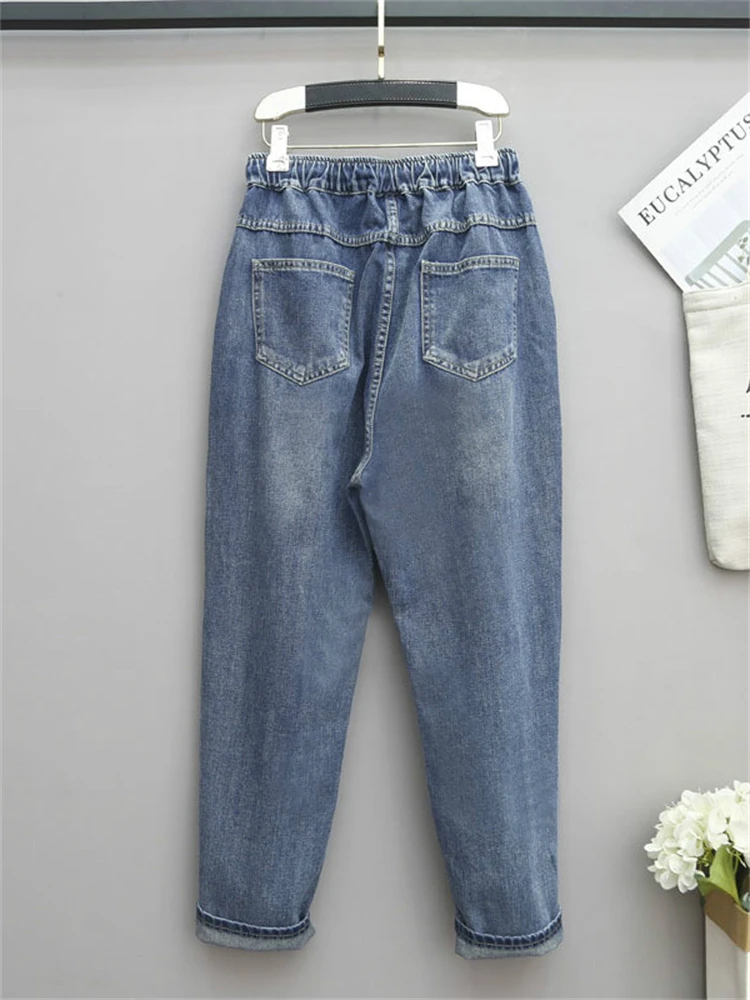 8265 Women Fashion Korea Style Cartoon Cat Embroidery Baggy Elastic Waist High Waist Denim Cropped Pants Female Harem Jeans