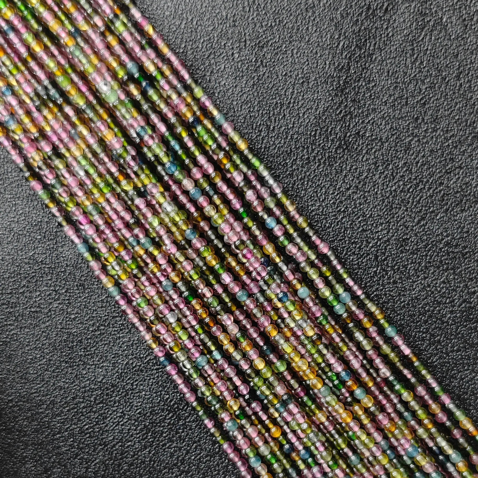 Natural Semi Translucent Rainbow Tourmaline Loose Seed Beads Strand, 2.5mm Small Spherical Crystal Beads for DIY Designers