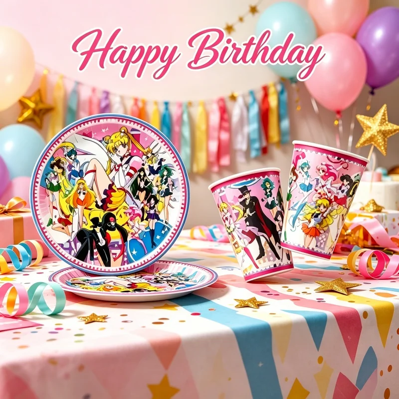 Combinación de artículos de fiesta Sailor Moon, 20 piezas, decoración para cumpleaños, boda, aniversario, vajilla desechable, platos y vasos para fiesta, regalo para niños y niñas