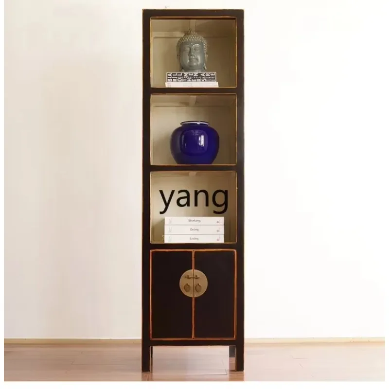 LTT New Chinese Retro Bookshelf Solid Wood Floor Narrow High Bookcase Storage Rack Integrated Wall