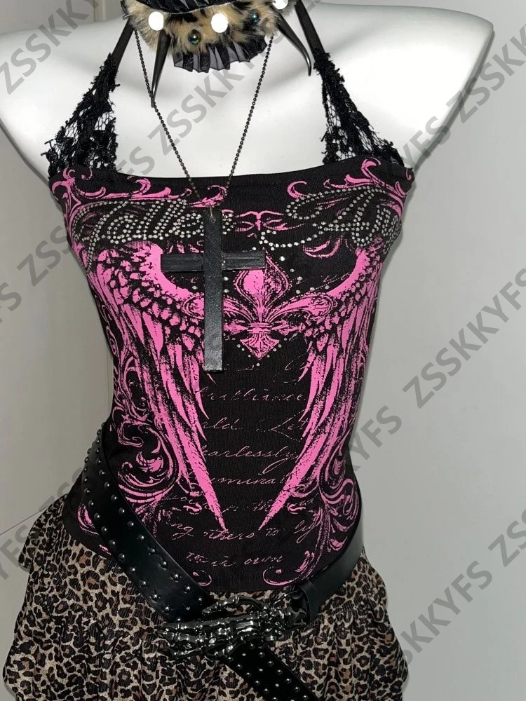 Hot Girl Goth Crop Tanks Streetwear Tube Tops Grunge 2000s Y2k Clothes Sexy Lace Straps Camisole Himekaji Letter Punk Woman Vest