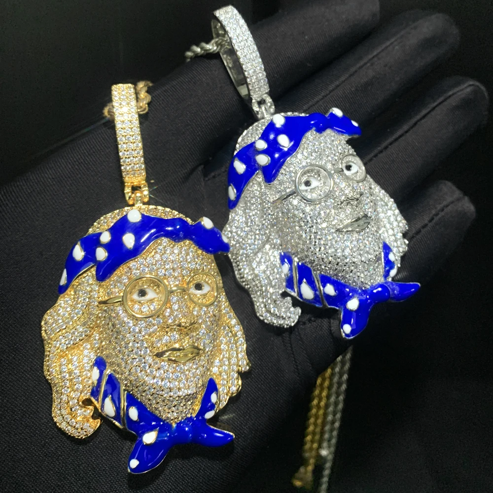 

High Quality Blue Enamel Micro Pave CZ Iced Out Head Pendant Hip Hop Men Jewelry