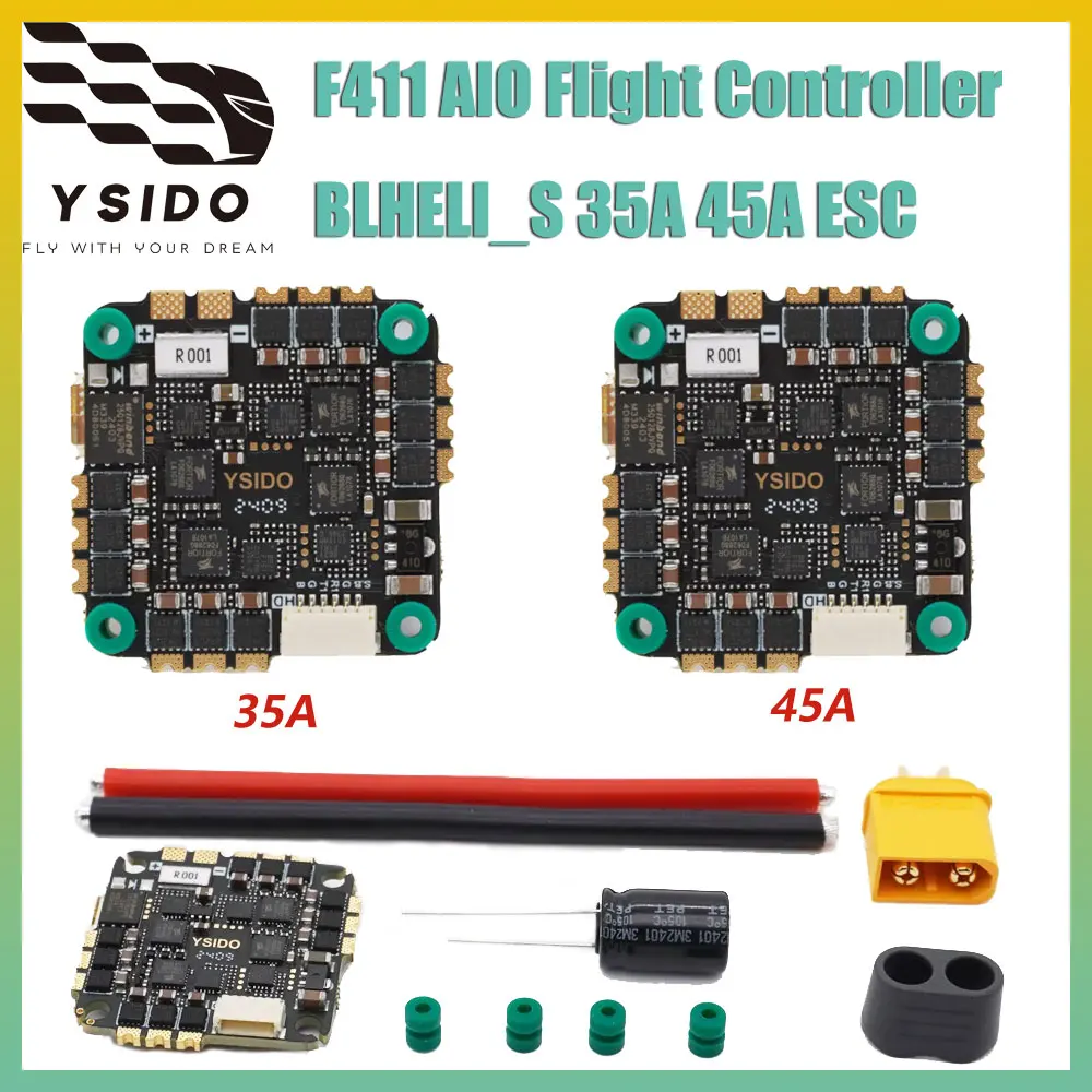 

F411 Контроллер полета AIO 2-6S BLHELI_S 35A 45A ESC OSD Датчик тока барометра для RC Mark4 5-дюймовых гоночных дронов FPV для фристайла