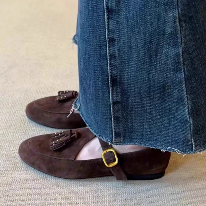 

Fashion Tassel T Strap Design Retro Mary Jane Shoes Woman Comfort Round Toe Buckle Flats Shoes for Women Ladies Walking Loafers