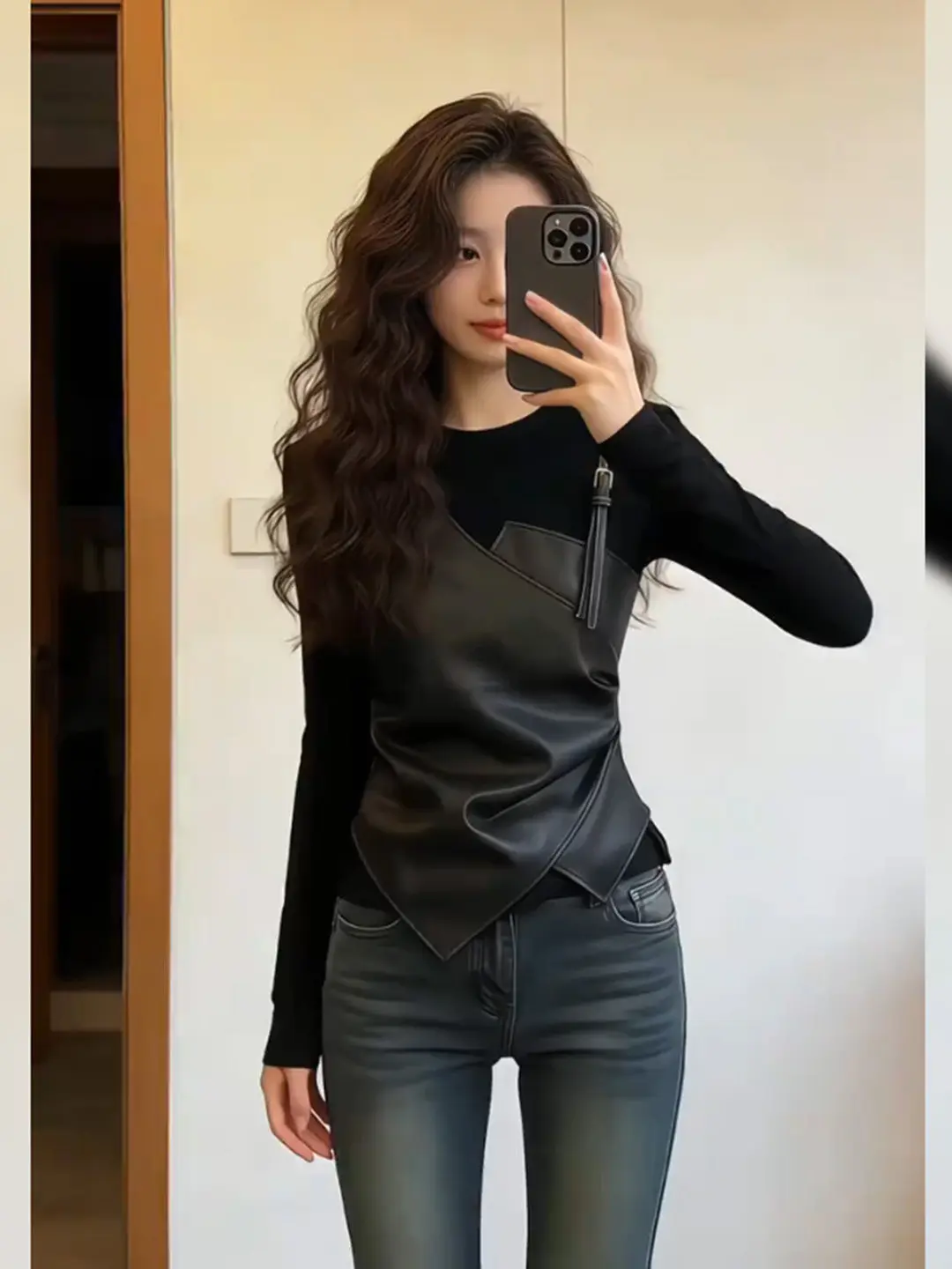 

Женская повседневная облегающая футболка из искусственной кожи больших размеров, модная весенняя одежда в корейском стиле, для полных женщин