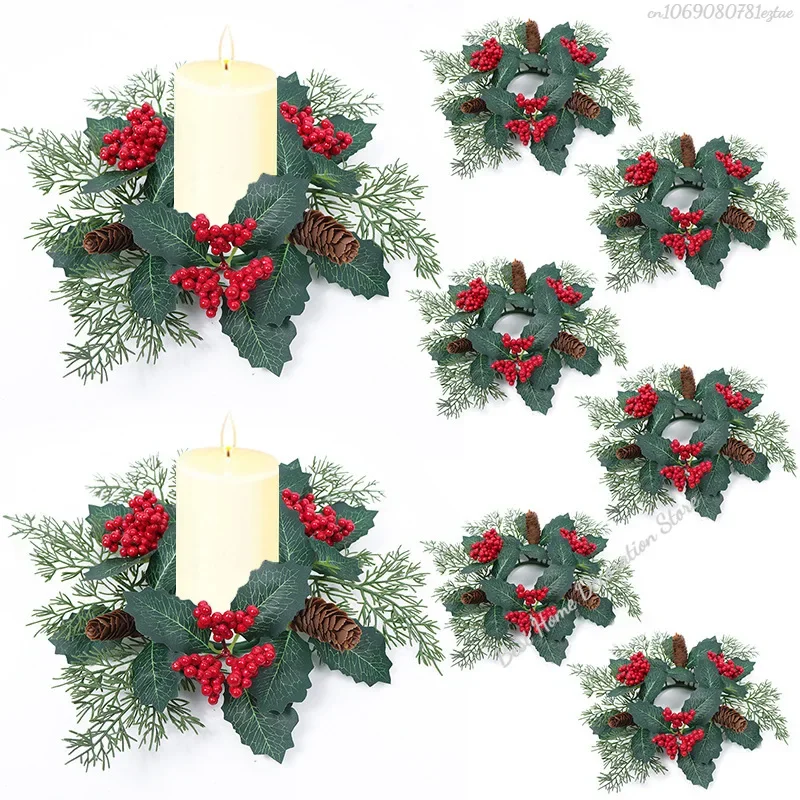 1PC Christmas Candlestick Wreath Artificial Berry Pinecone Garland Candle Holder Xmas Table Decor Candle Ring New Year Decor