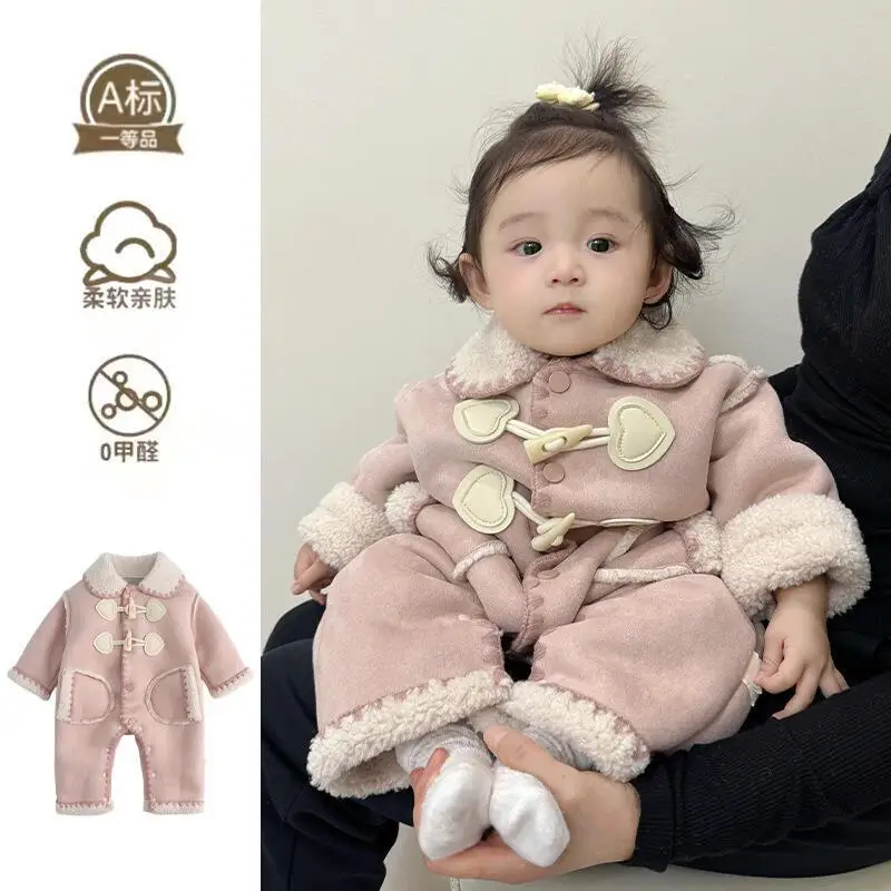 

Autumn Winter Girls Baby Lapel Bodysuit Kids Romper Fleece Lined Outerwear Warm Thicken Onesie Loungewear Kawaii Kids Clothes