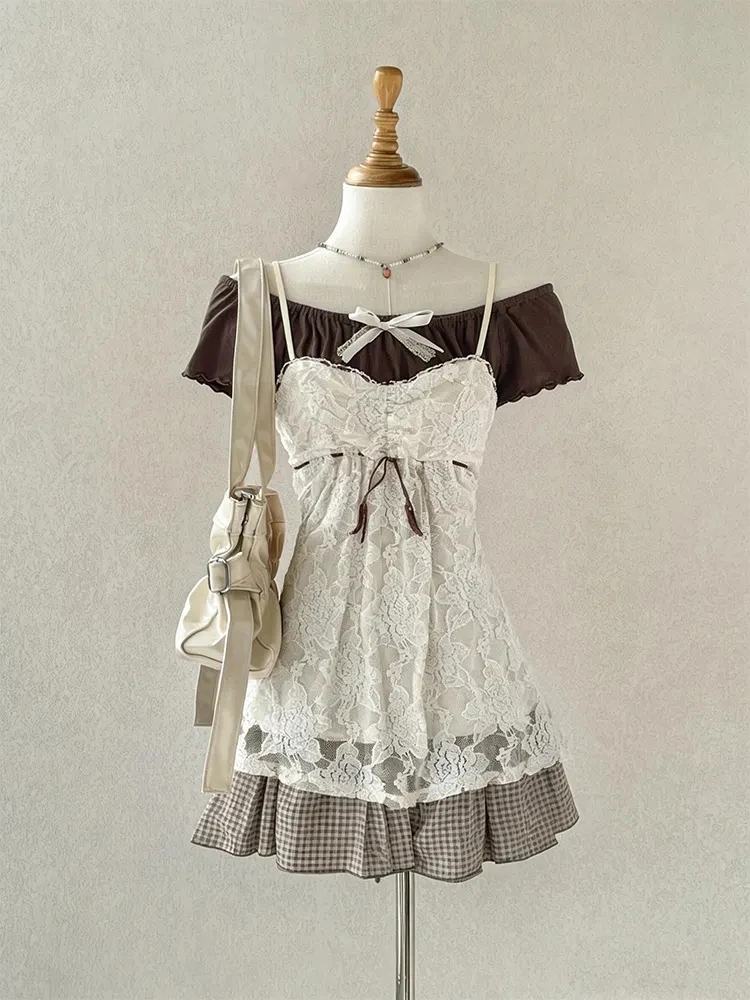 

Summer Vintage One-Shoulder Short-Sleeve Women's Top Lace Crop Top And Plaid Skirt Three-Piece Set Sweet Style Regular Fit