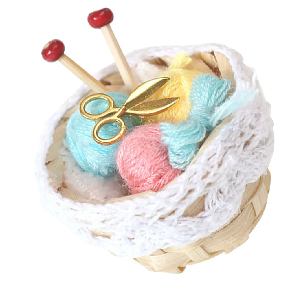 1Set Handcrafted Mini Knitting Basket Dollhouse Decoration with Vibrant Patterns Realistic Miniature Landscape Prop for Mini