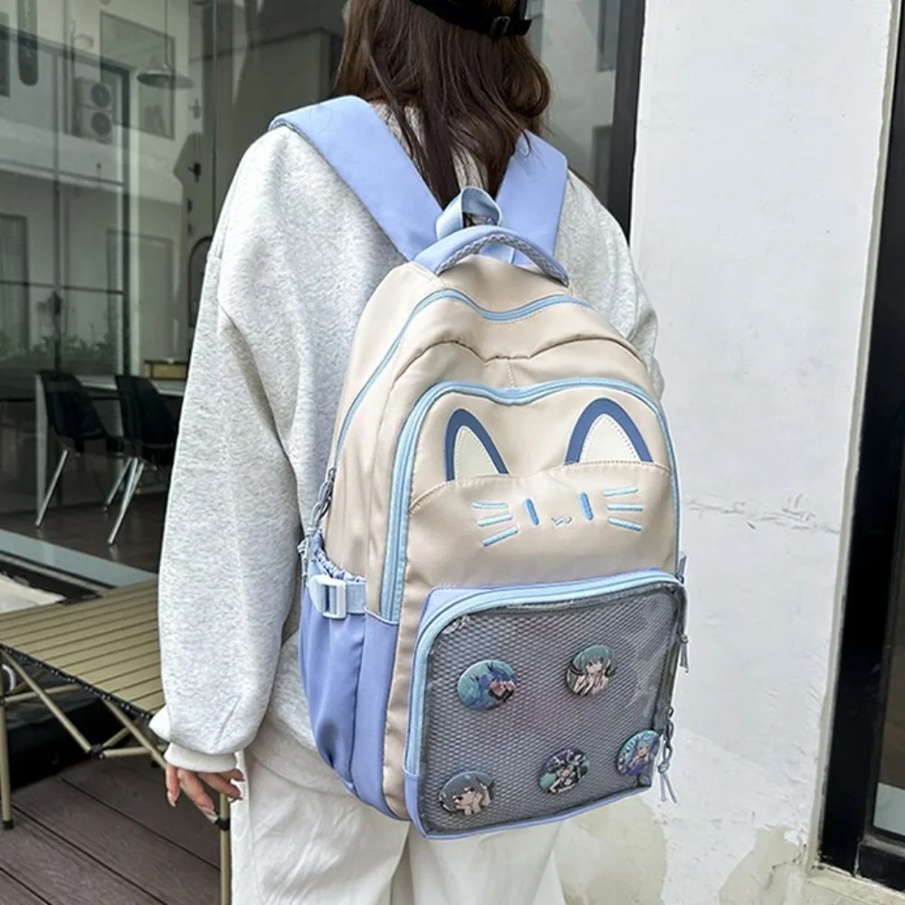 Versatile Embroidery Cartoon Ita Bag Preppy Style Cute Transparent Pocket Itabag Cat Doll Badge Display Student School Bag Girls