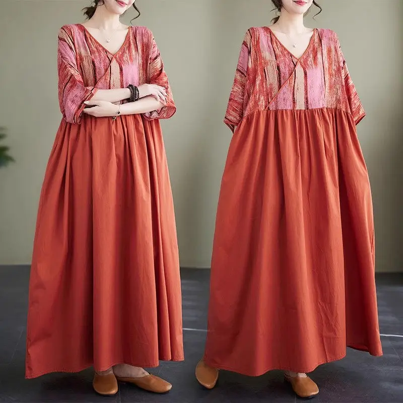

Oversized Cotton And Llinen Clothing Long Dress For Women's Summer 2023 New V-Neck Patchwork Dress Casual Female Robe z1317
