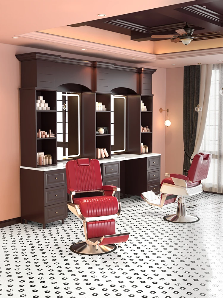 Men's barber shop dedicated mirror high-end hairdresser retro solid wood haircut and dyeing mirror.