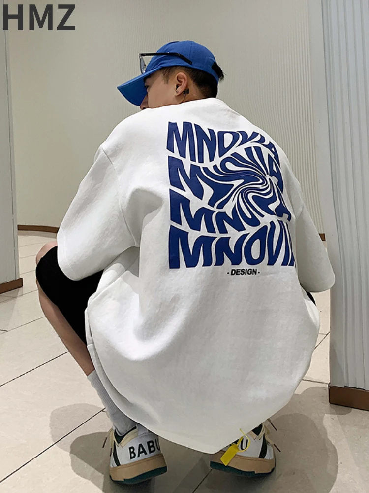 HMZ Summer American T-shirt Men Oversize Graffiti English Alphabet Printed Loose Top Ins Men Clothes Hip Hop Fashion Brand Tees