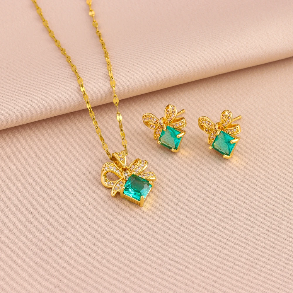 New Retro Blue Zircon Bowknot Necklaces Earrings For Women Trendy 18K Gold Plated Female Stainless Steel Jewelry Set Wholesale