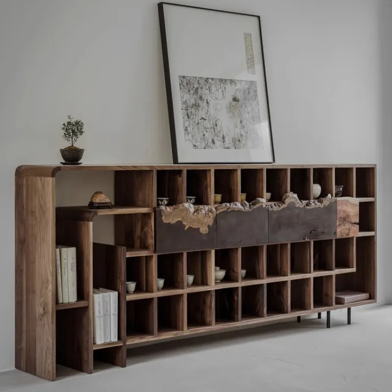 Side cabinet tea room display rack display stand, wabi sandy wind solid wood natural edge