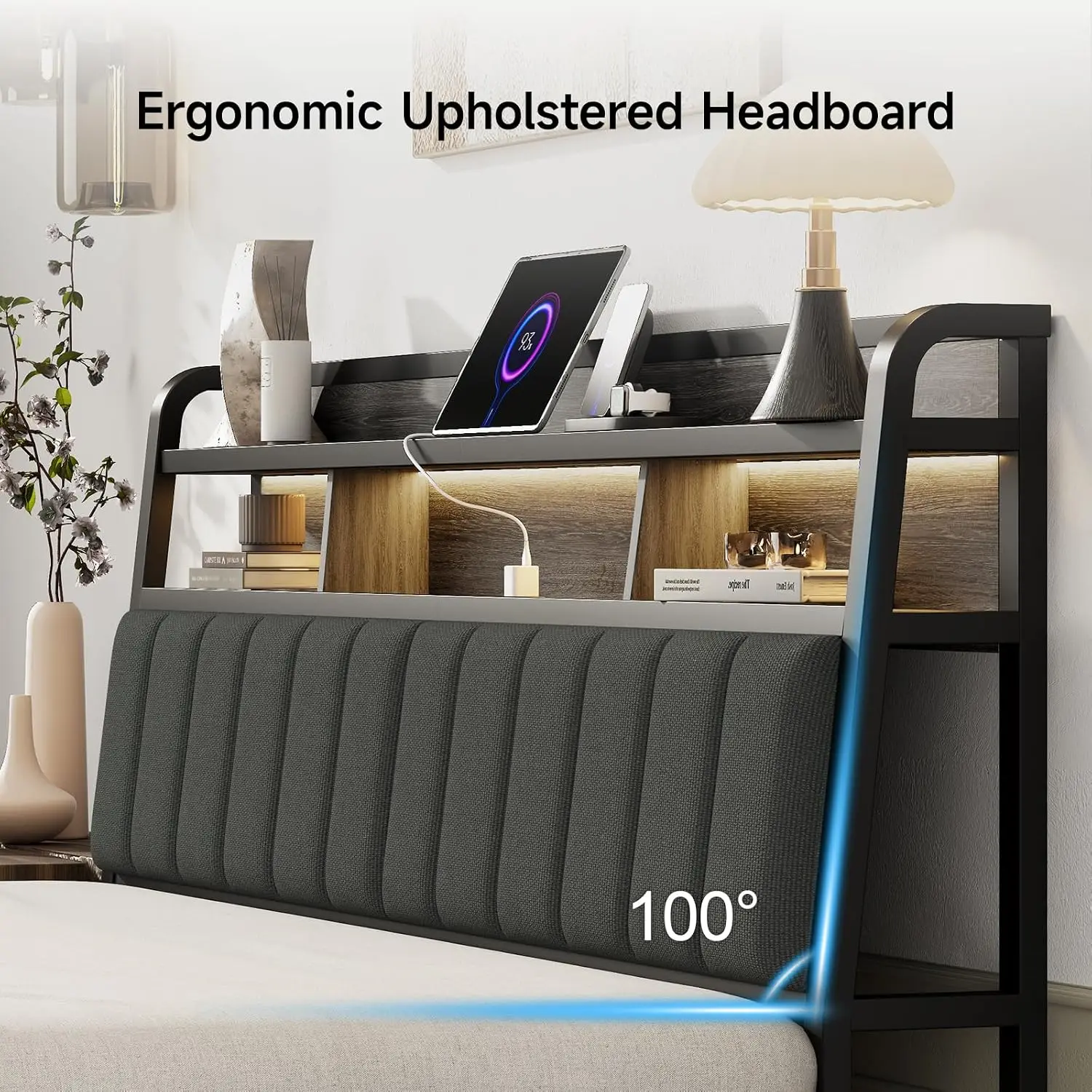 King Headboard with Storage & Charging Station, Black, Customized