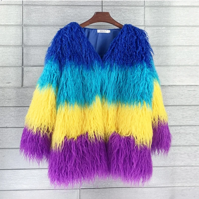 

High Quality Autumn Winter Coat Women Luxury Women Rainbow Fluffy Faux Fur Coat Mid Long Oversize Ladies Coats and Jackets