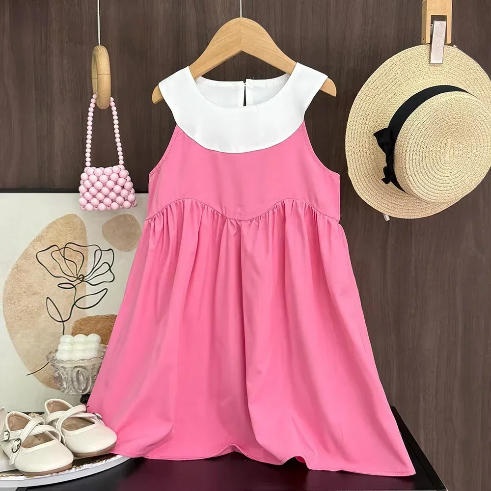 

Korean Version Summer New Sweet Pink Vest Dress Round Neck Patchwork Folded Loose Casual Dresses 3 To 7 Years Kids Wear