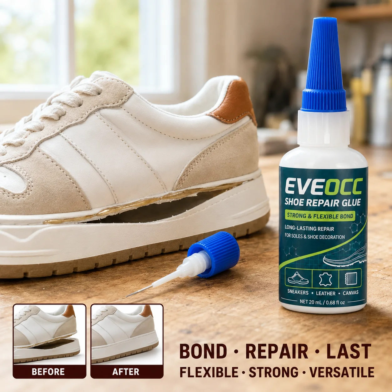 EVEOCC Shoe Glue Repair Kit, Strong Flexible Bond Long-Lasting Repair for Sneaker Soles, Leather Shoes, Canvas Footwear
