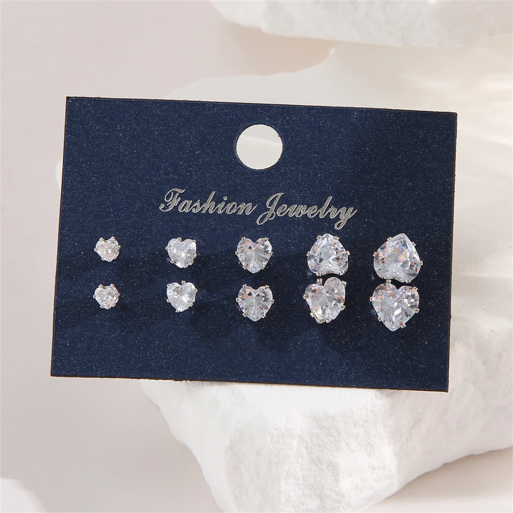 5 Pair/Pack Heart Shiny Wedding Stud Earrings Set for Women Men Crystal Jewelry Ear Studs Accessories Earring Jewelry Gift