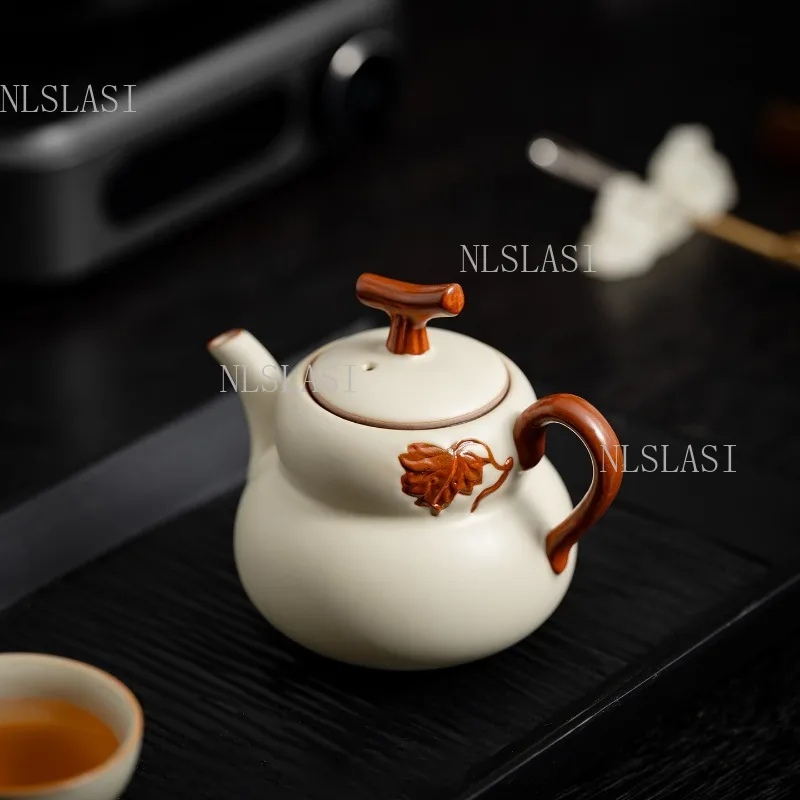 180ml Bionic Branch Design Ceramic Teapot with Tree Stump Knob and Leaf Relief White Clay Kung Fu Tea Pot for Tea Ceremony