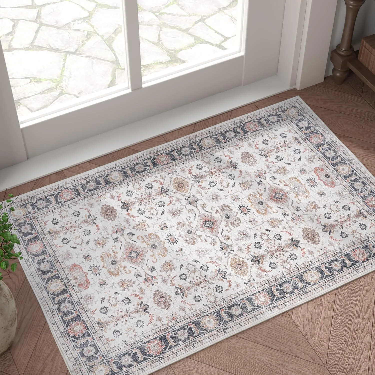 JINCHAN Vintage Traditional Area Rug For Kitchen Bathroom Foldable Entryway Rug Indoor Mat  Distressed Floral Doormat