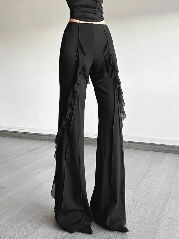 Retro Style High Waist Bell Bottom Pants Women's Spring Summer New Slimming Long Trousers Floral Lace Trim Splicing Design