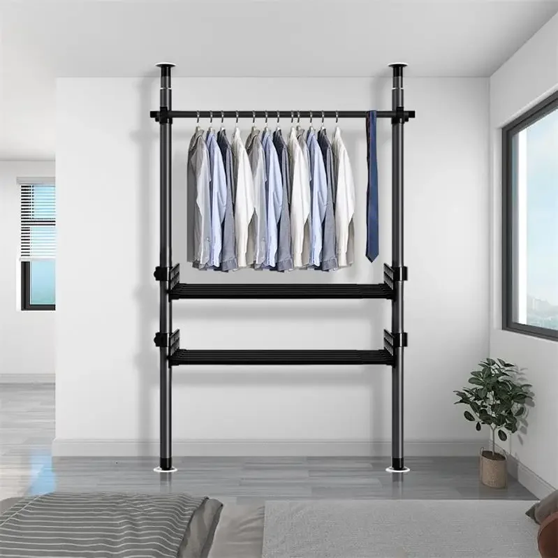 White floor to ceiling heavy duty coat hangers cabinet foldable metal clothes drying rack extendable single bar garment rack