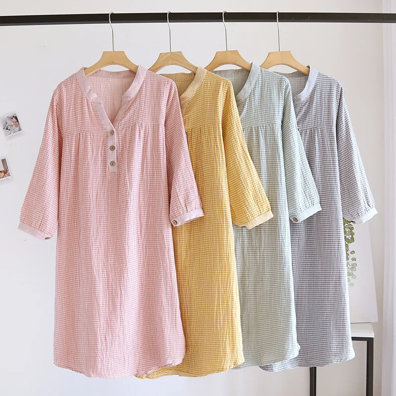 Vintage Yarn-Dyed Gingham Women‘s Breathable Cotton Nightgown, Crinkle Texture Long Sleeve Roll-Up V-Neck Midi Dress, Lightweigh