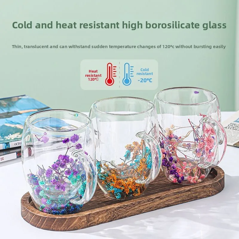 Double-Layer Glass Mug with Pressed Flower Core, Heatproof Mug for Daily Coffee Rituals, Strong Borosilicate Build for Long Use