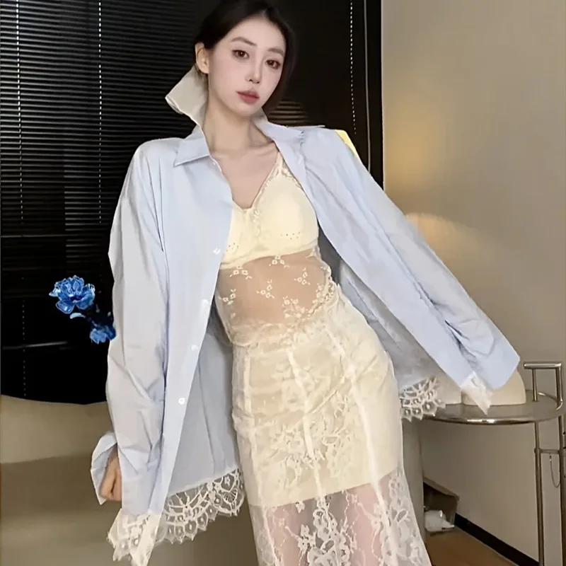 

Spring 2026 Loose Lace Long Sleeve Shirt Strap Vest Long Lace Half Skirt Three Piece Set Women's Casual Style Four Seasons Fa...