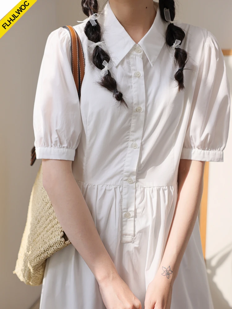 Katoenen overhemdjurken Nieuw ontwerp 2025, zomer, korte mouw, schattig, zoet, Japanse meisjes, preppy stijl, retro vintage groene jurk