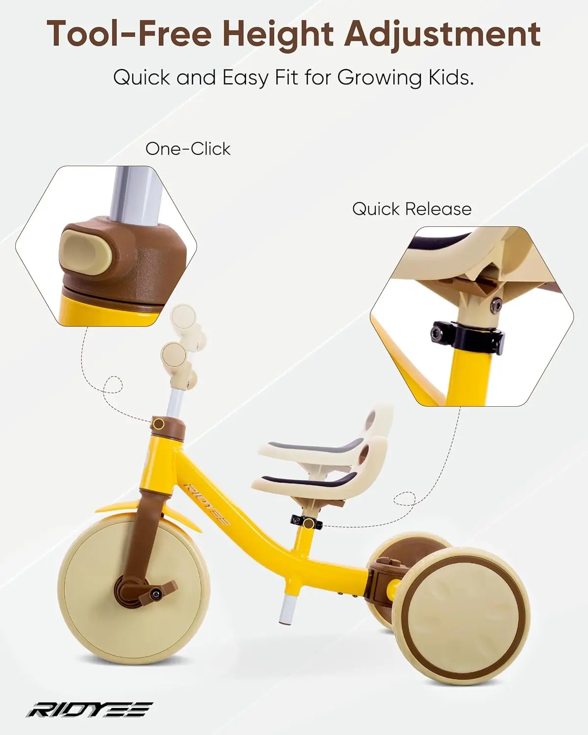 دراجة ثلاثية العجلات للأطفال مع مفتاح وضع خالي من الأدوات ، ارتفاع بنقرة واحدة ، 4 في 1 ، من عمر 18 شهرًا إلى 3 سنوات ، الأطفال الصغار-3