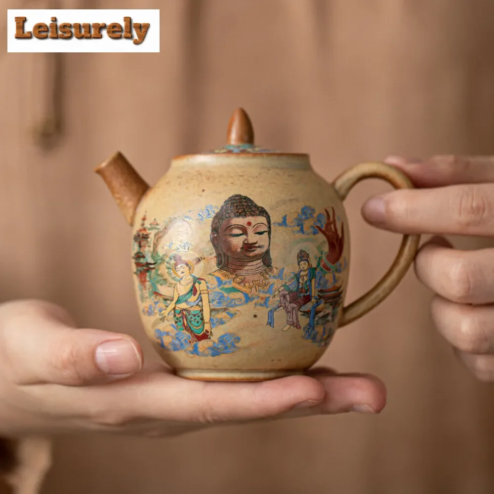 

Chinese Dunhuang Giant Buddha Teapot Kiln Change Coarse Pottery Pot Tea Maker Kettle Dahongpao Kongfu Teaware Decoration Gifts