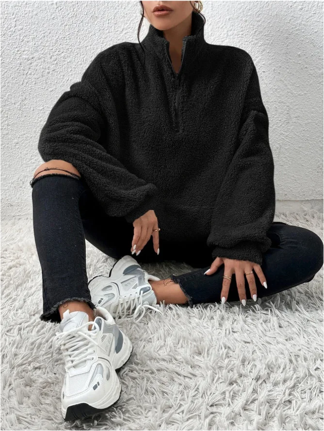 2026 Herbst Winter Mode Damen Samt-Hoodie Einfarbig Verdickter Plüsch-Pullover mit Großer Tasche Warmer Langarm-Damen-Sweatshirt – Detail 13