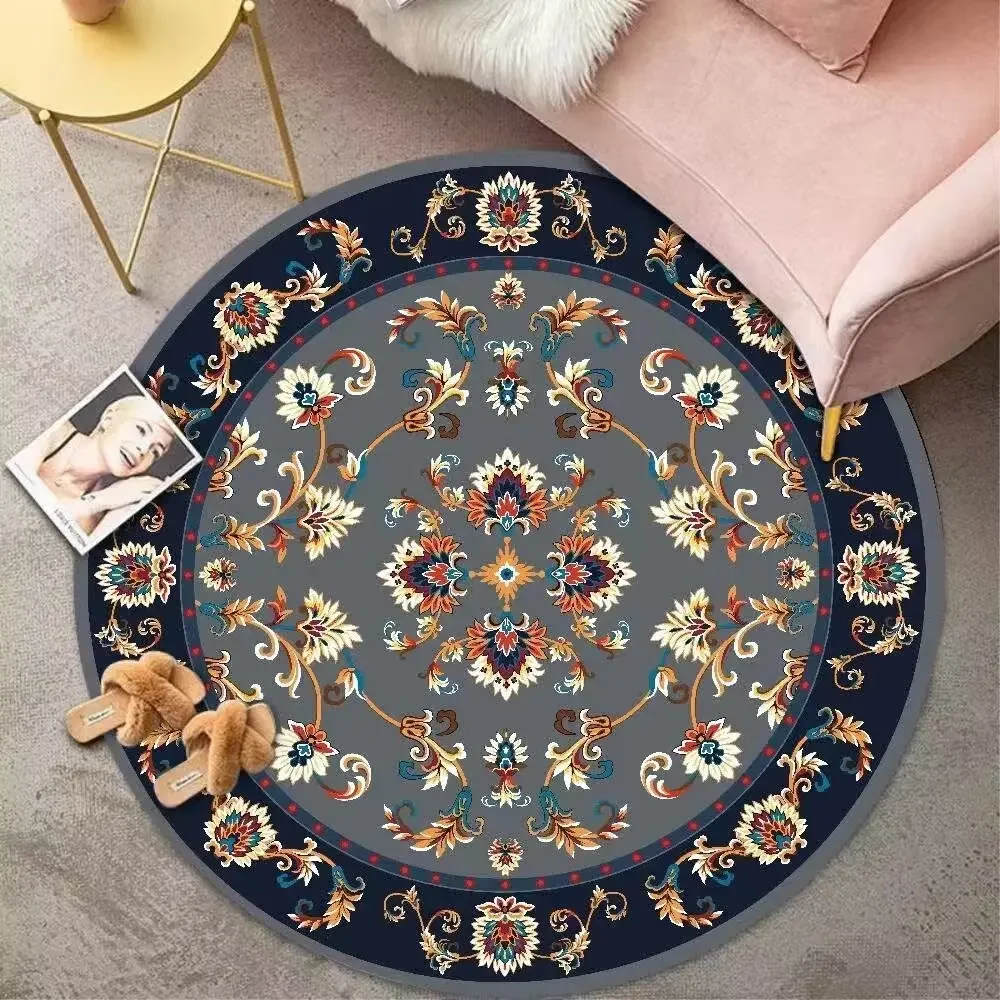 Luxury Flower Round Rug – Ethnic Style Modern Decor Carpet for Living Room Bedroom Study, Non-Slip