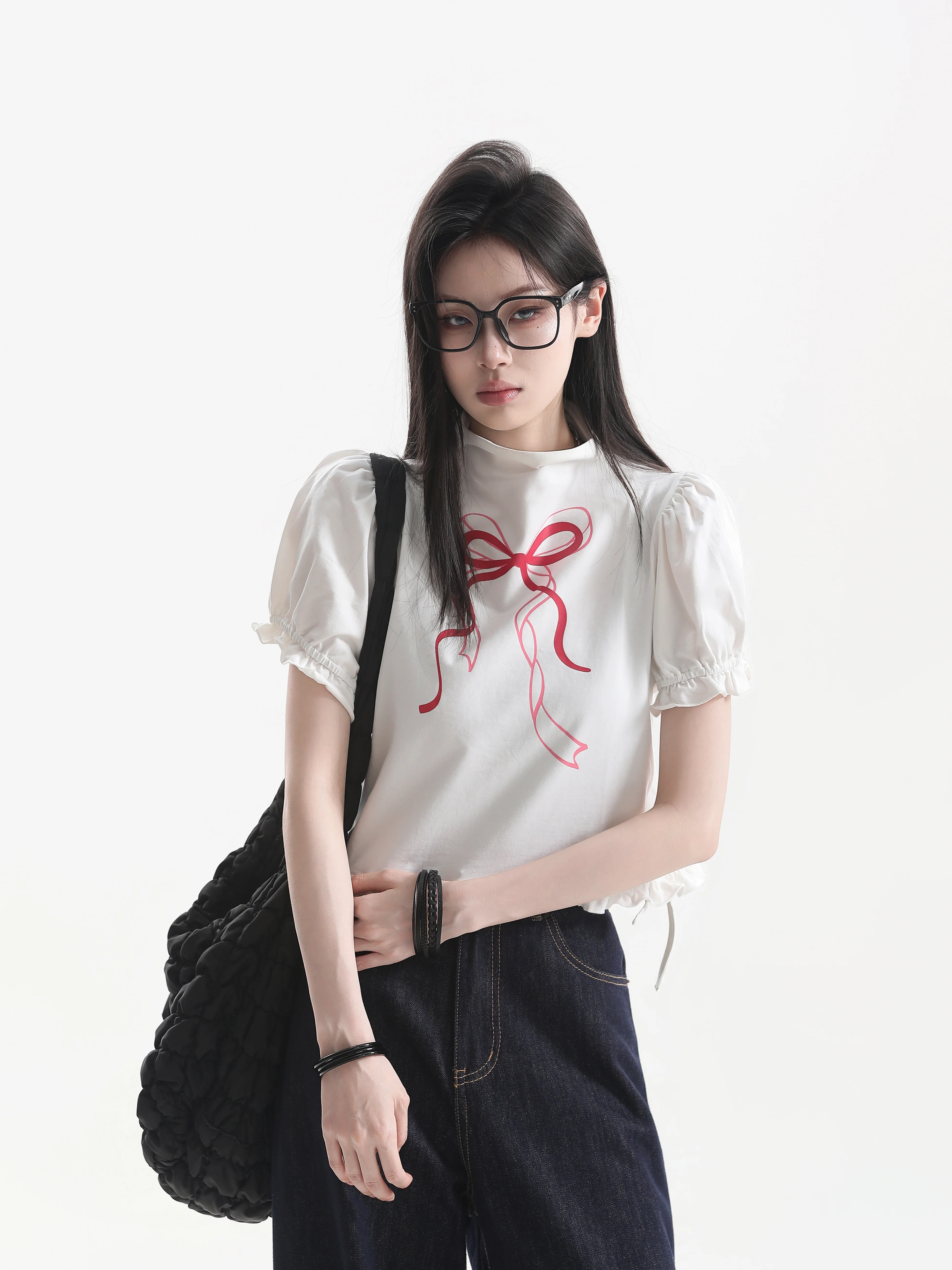 

Cleanfit Style Short Sleeve T-Shirt Knot Print Bubble Sleeve Pure Desire Summer Youthful Lace Trim Top for Women