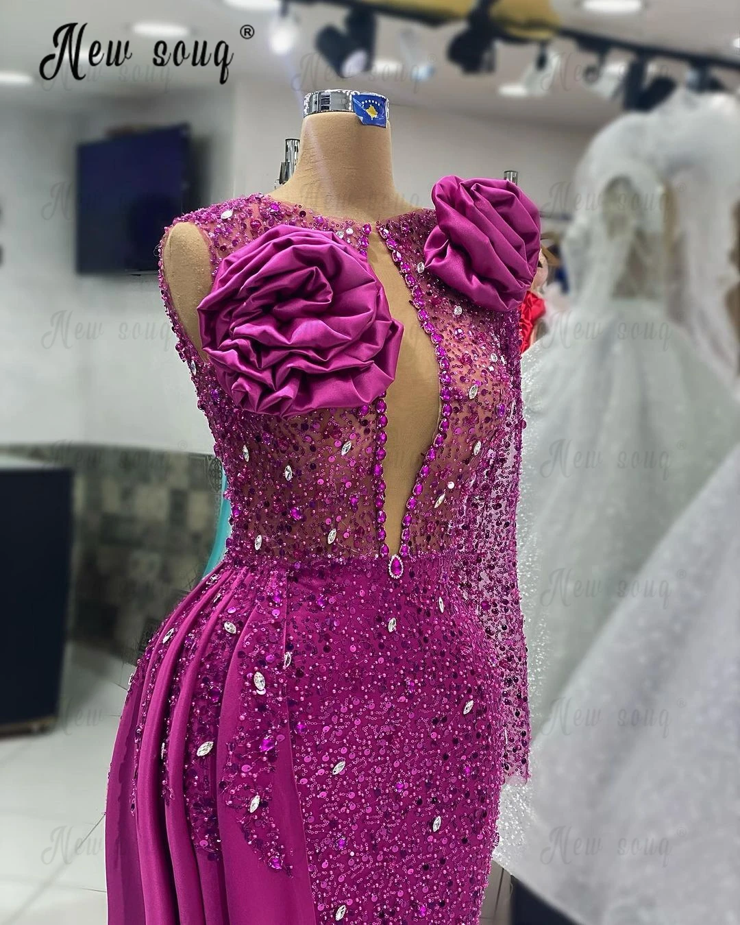 Fuchsia Beaded Stacked Floral Wedding Party Dress Luxury Side Train Mermaid Long Celebrity Dresses Plus Size Custom Made Dubai