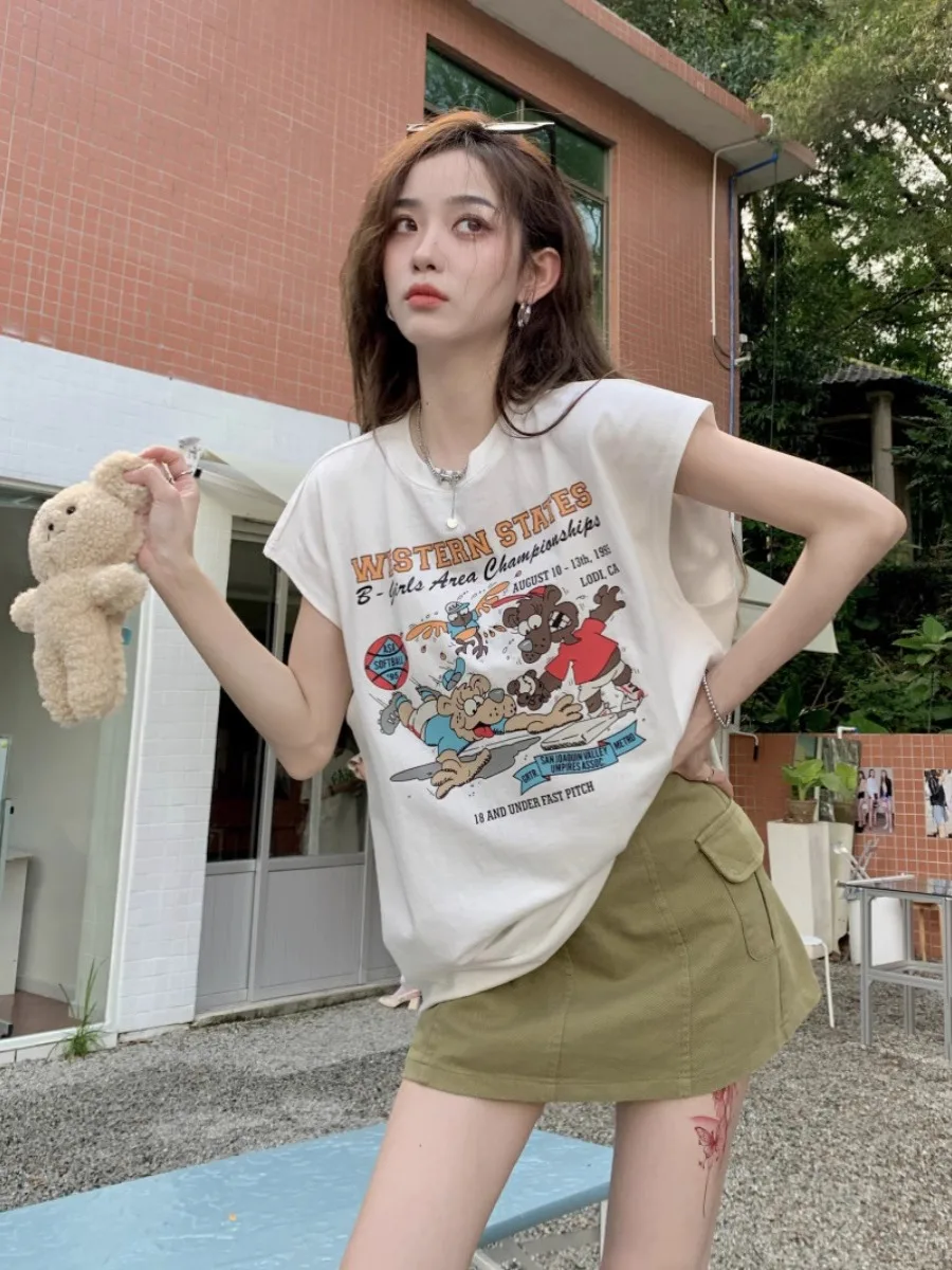 Retro Cotton Thin Sports Vest Sleeveless T-shirt Women's Summer Wear Loose Basketball  Top