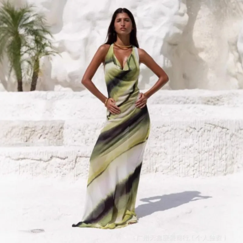 

Sexy Neck Tie Design Women's Loose Dress Summer Fashion Color Blocked Beach Vacation Long Dresses Ladies Elegant Party Vestidos