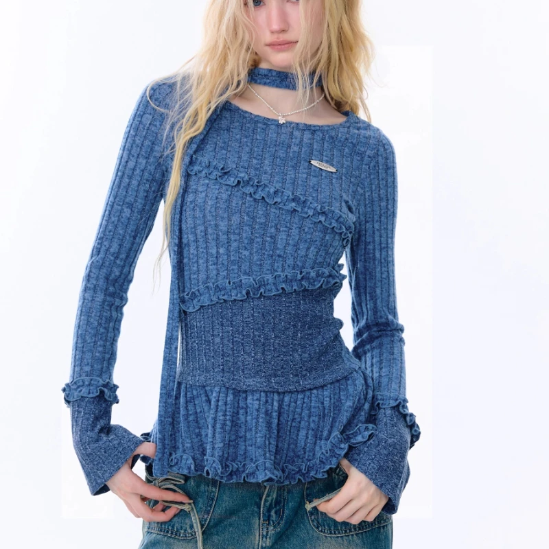 الأمريكية الرجعية تصميم غير النظامية تكدرت الدانتيل المرأة قاع قميص الخريف الشتاء جديد تنوعا بلوفر مغزول السيدات #2