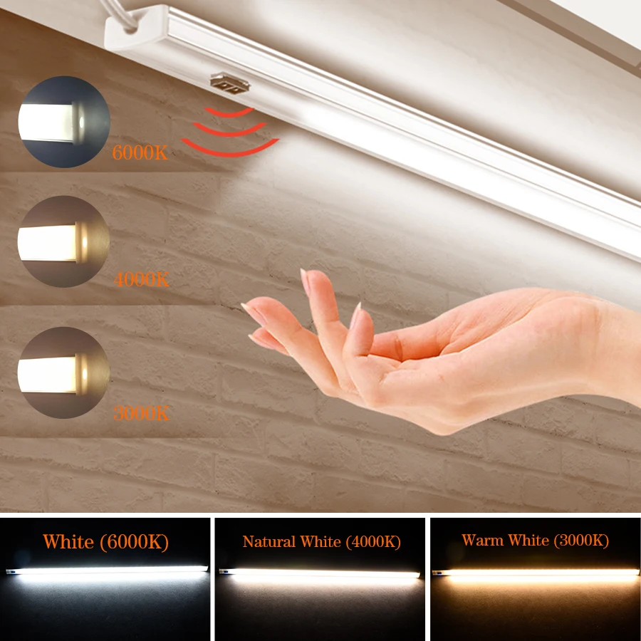 Alumínio Hand Scan Sensor LED Bar Light, Switch Control, Luz do armário da cozinha, Lâmpada do armário, Temperatura, 3 cores, USB, 30 cm, 40 cm, 50cm