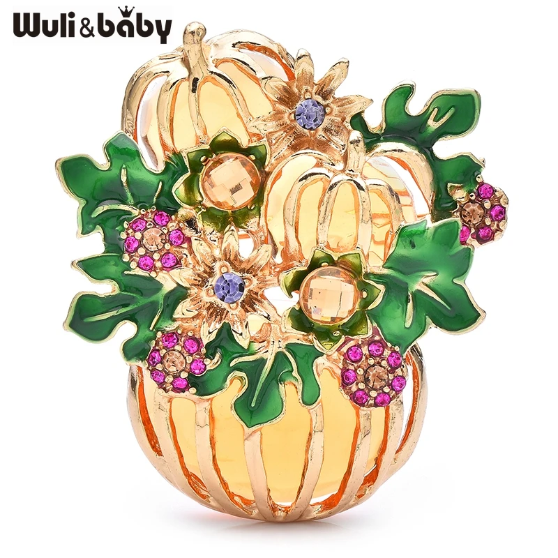 Wuli&baby Enamel Pumpkin Flower Bouquet Basket Brooch Pins Jewelry Accessory Metal Badge Gift